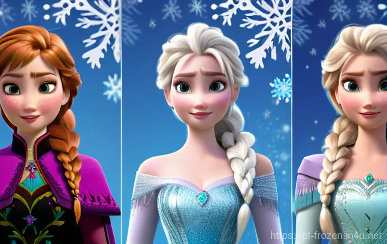 겨울왕국 속 엘사와 안나의 패션 변화 - Here are three detailed image generation prompts in English, inspired by the fashion evolution of El...