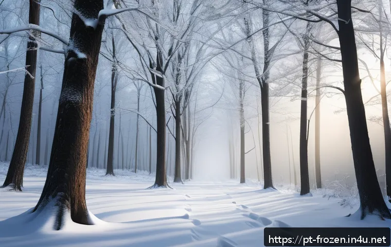 겨울왕국 속 자연현상과 애니메이션 기술 - A hyper-realistic animated winter forest scene featuring intricate snowfall with physically accurate...